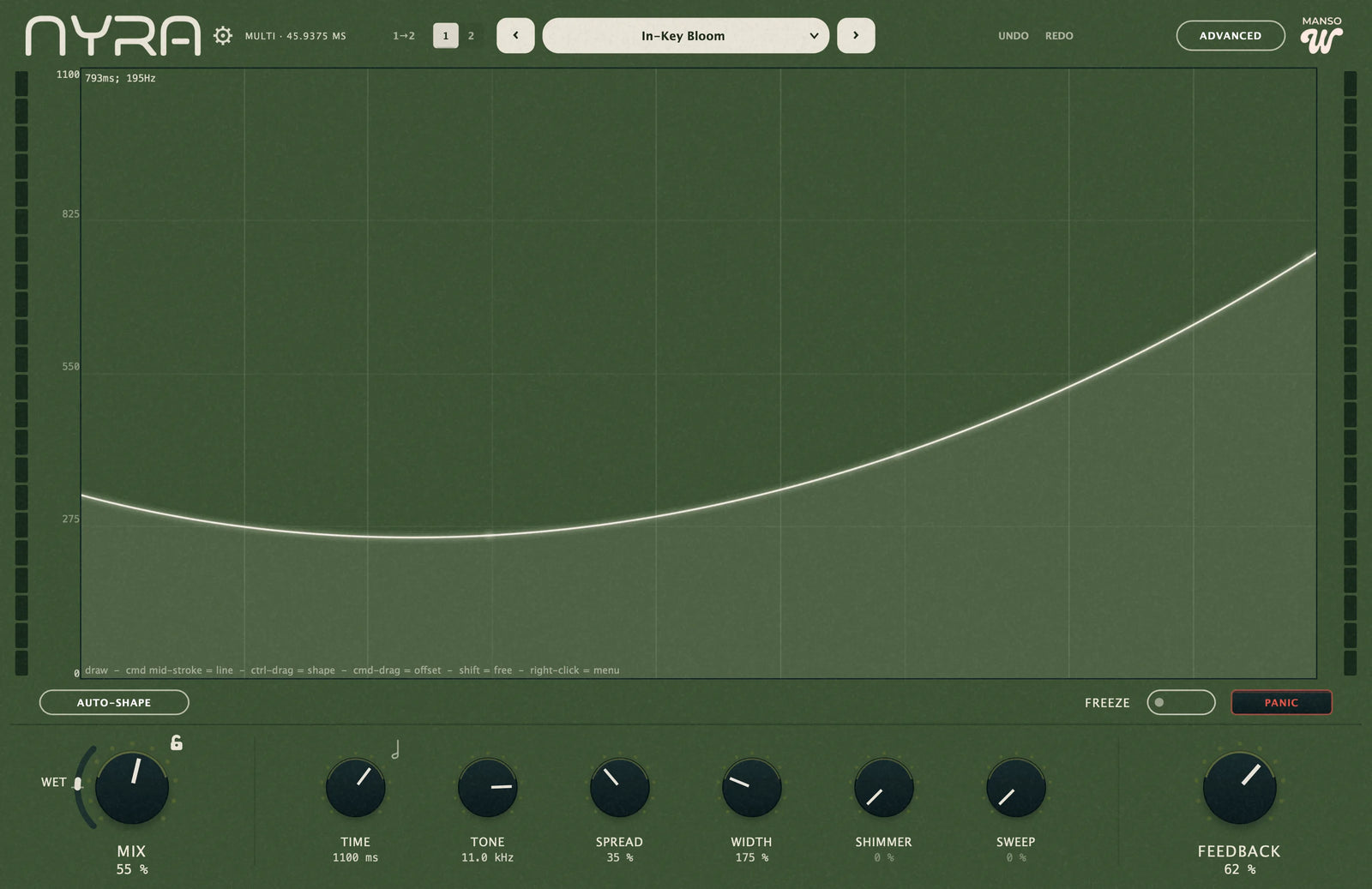 Nyra Lite, Simple view - the drawable delay curve with Mix and Feedback