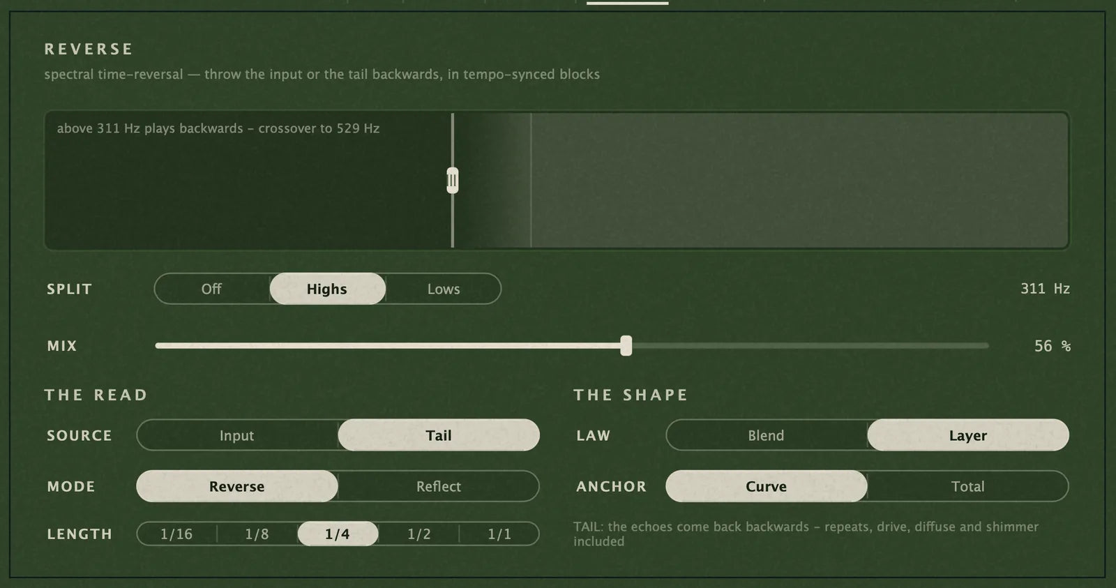 Nyra's Reverse panel: split point, mix, and the read and shape controls
