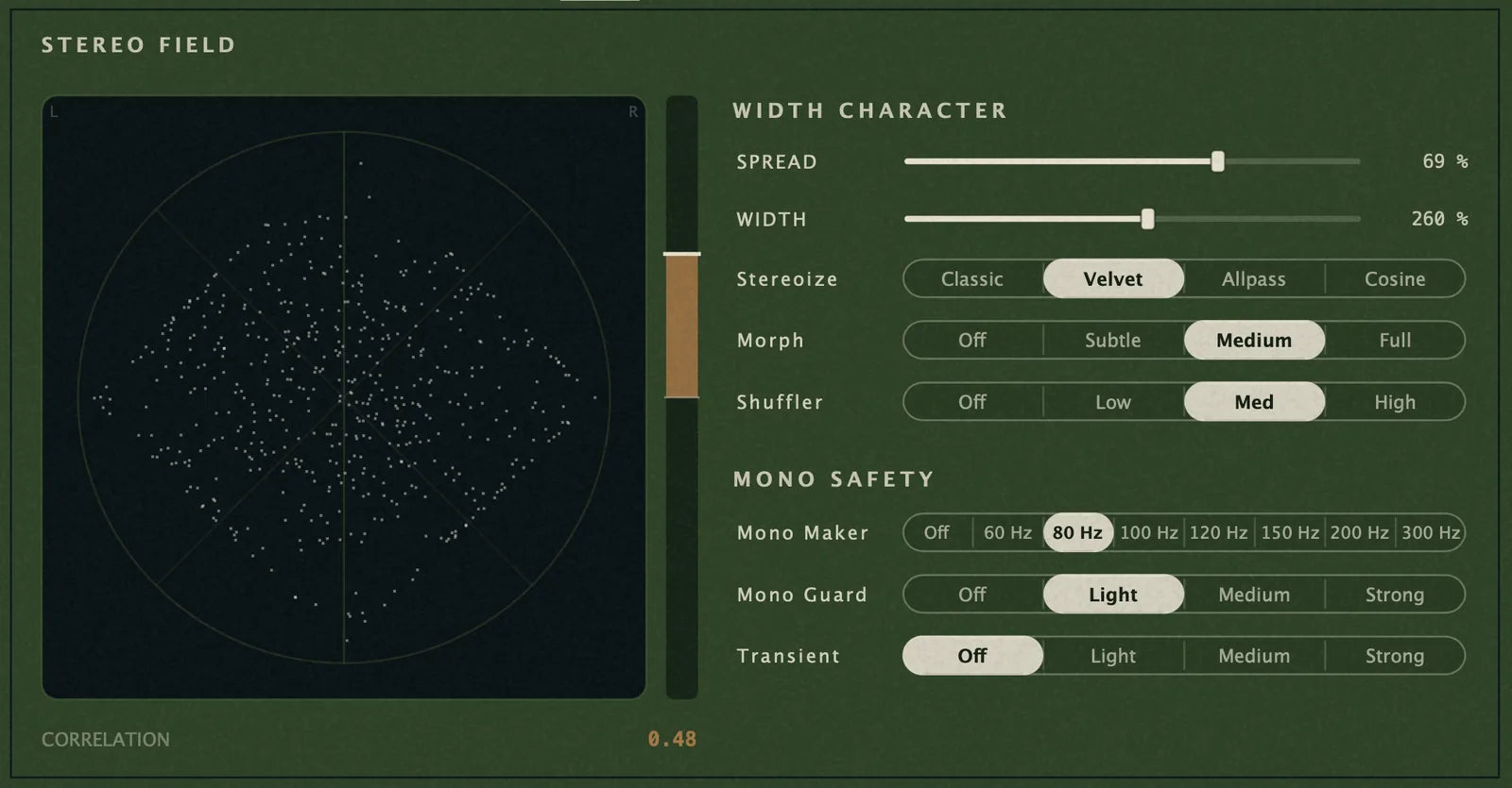 Nyra's stereo field panel: goniometer and correlation readout beside the width character and mono safety controls